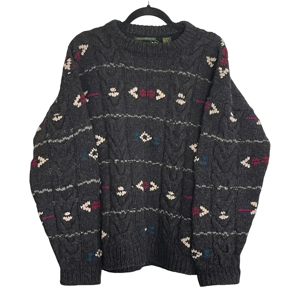Embassy Row Mens L Hand Knit Shetland Wool Sweater Charcoal Grey Cable Geometric